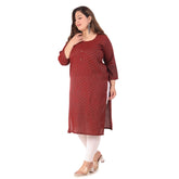 Maroon Bandhni Printed Capsule Straight Kurti for women's office wear, 3/4th sleeve with side slit detail